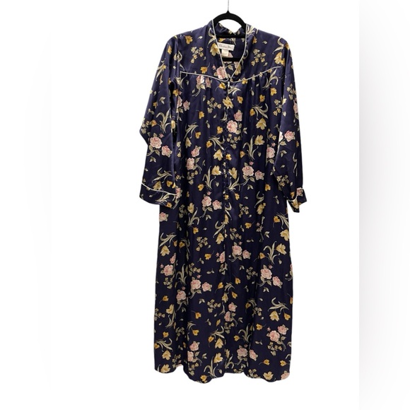 Christian Dior Vintage Silk Satin Flower Nightgown Pajamas Kimono Robe Blue - Picture 1 of 9